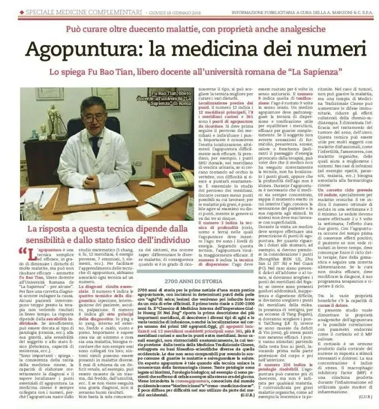 Articolo di giornale intitolato “Agopuntura: la medicina dei numeri” con la foto di un medico e colonne di testo