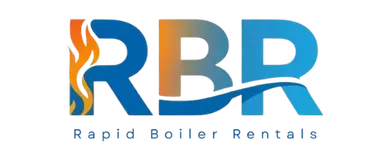 Logo for Rapid Boiler Rentals: Blue letters RBR with flame design and a wave; words 