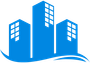 Een blauw gebouwpictogram met een golf op de achtergrond.