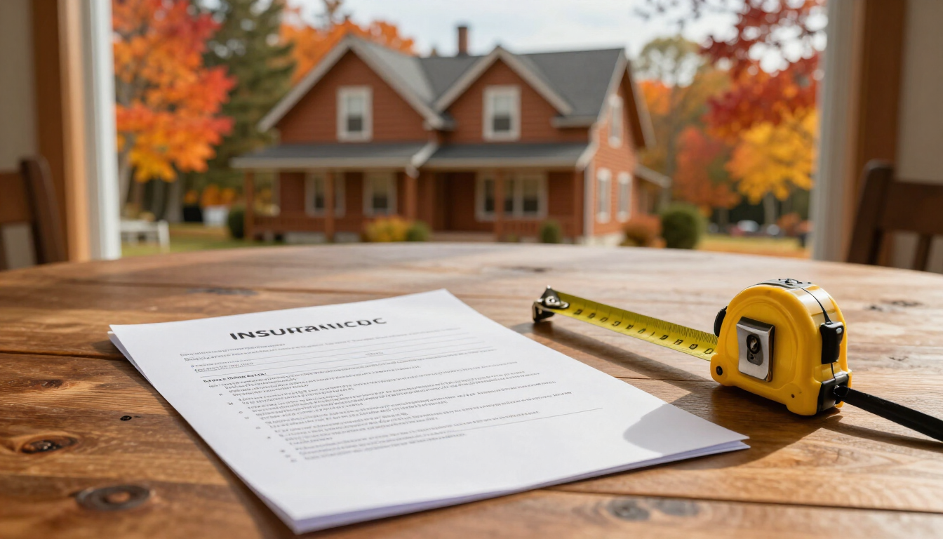 Photorealistic Wisconsin home in autumn with an insurance policy and measuring tape on a table