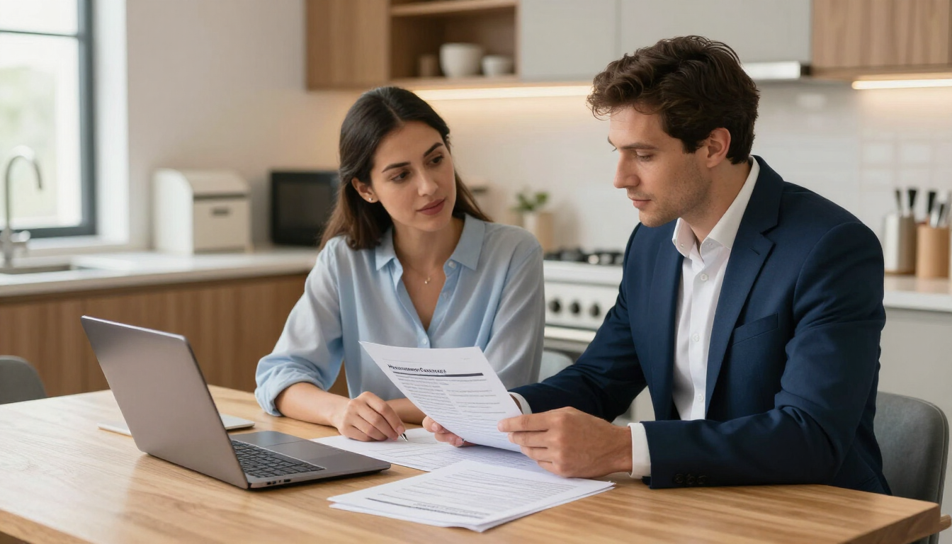 Photorealistic insurance agent reviewing Wisconsin homeowners coverage options with a couple at a kitchen table