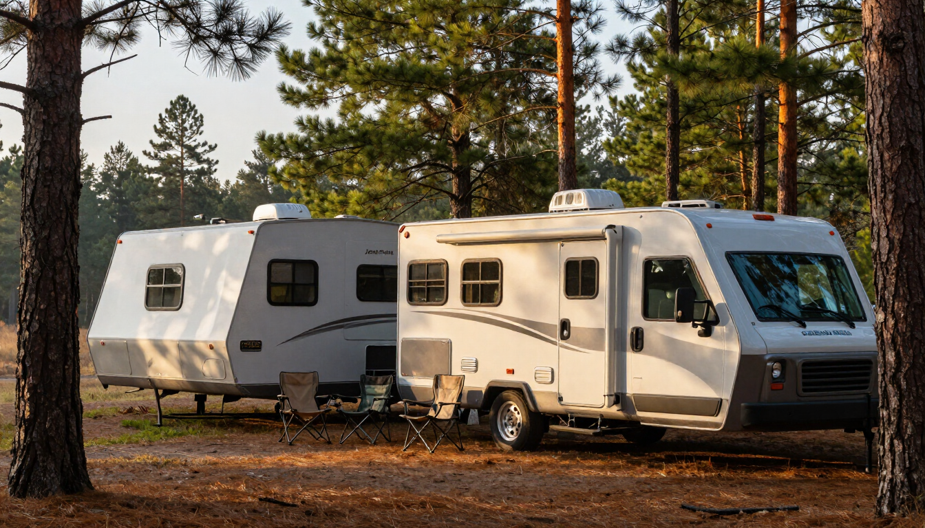 Motorhome and travel trailer parked at a Wisconsin campground