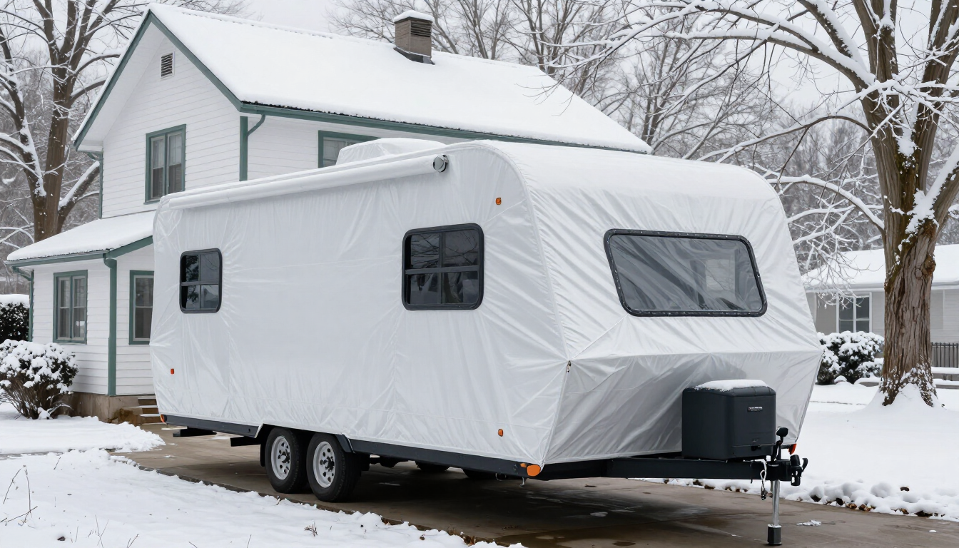 Travel trailer stored safely for winter near an Eau Claire home