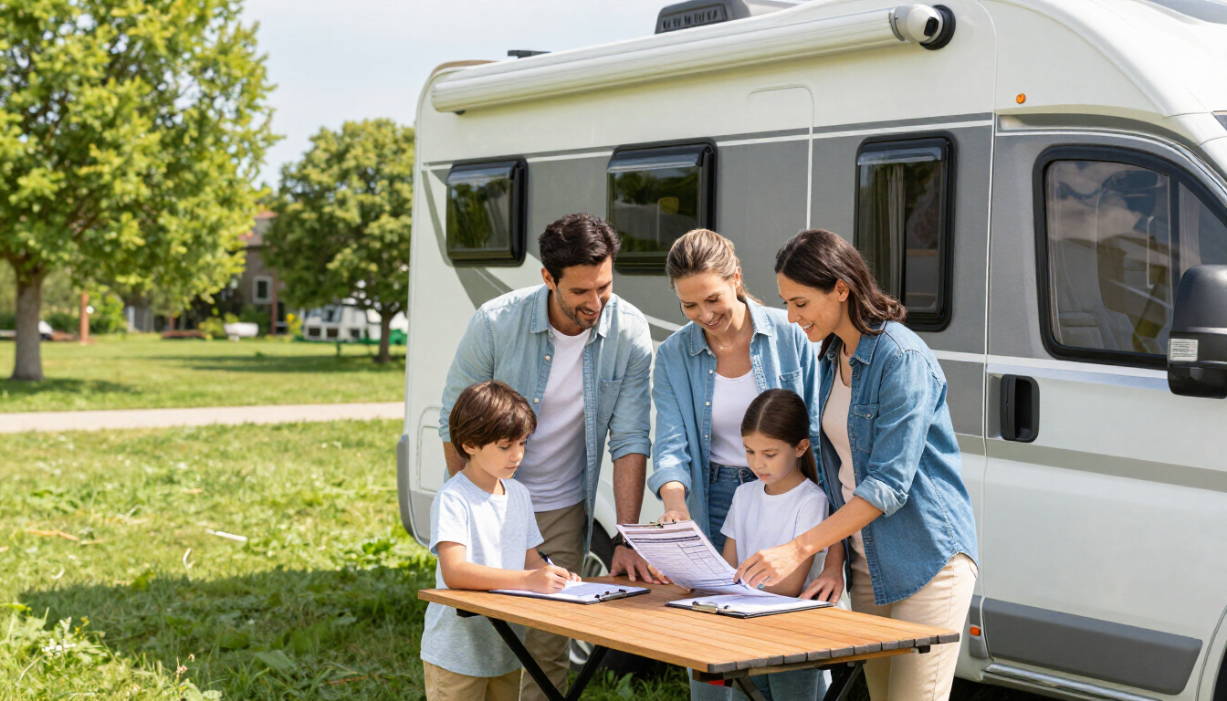 Family reviewing RV insurance documents beside a motorhome