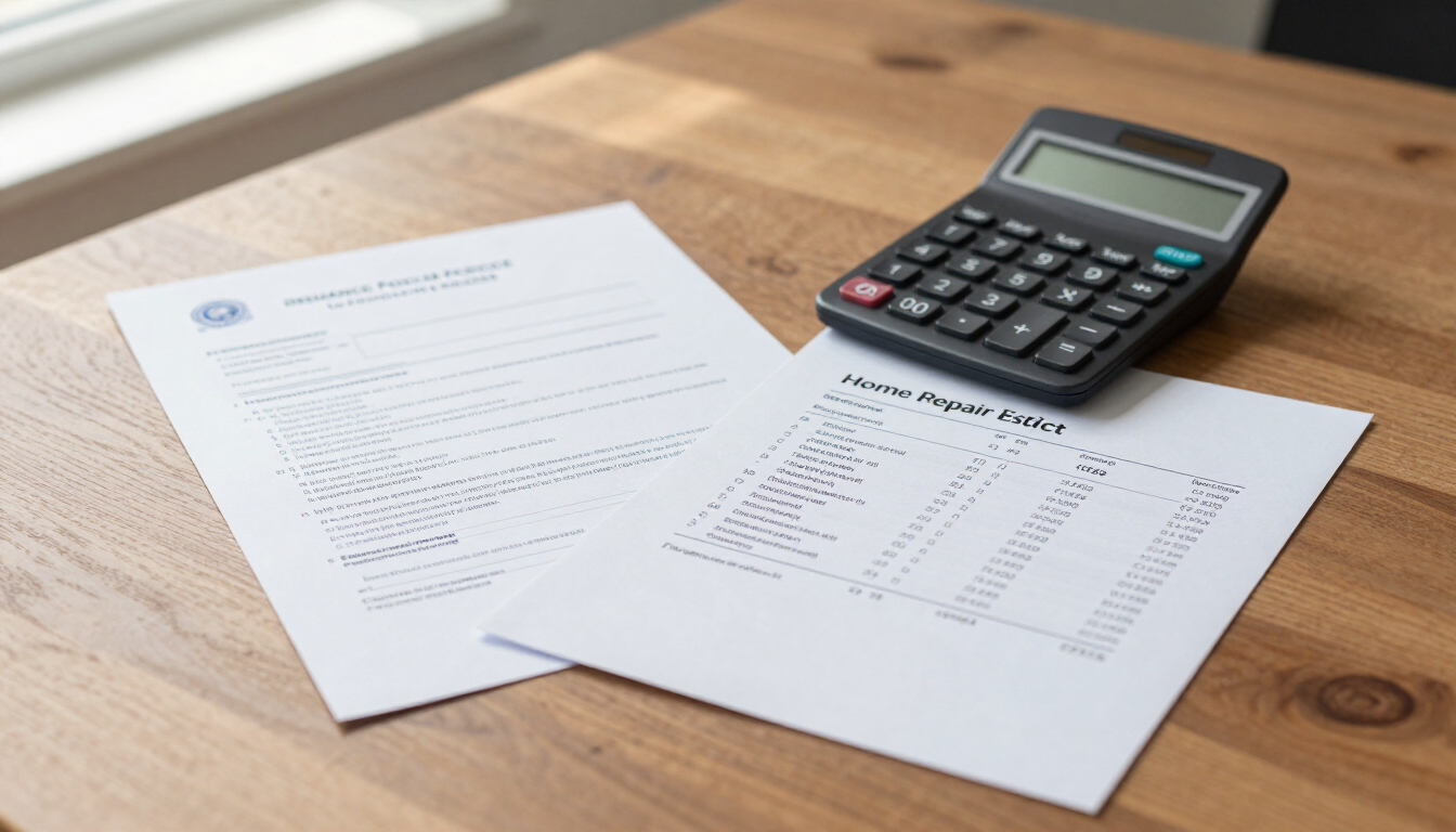 Insurance policy, calculator, and repair estimate on a desk