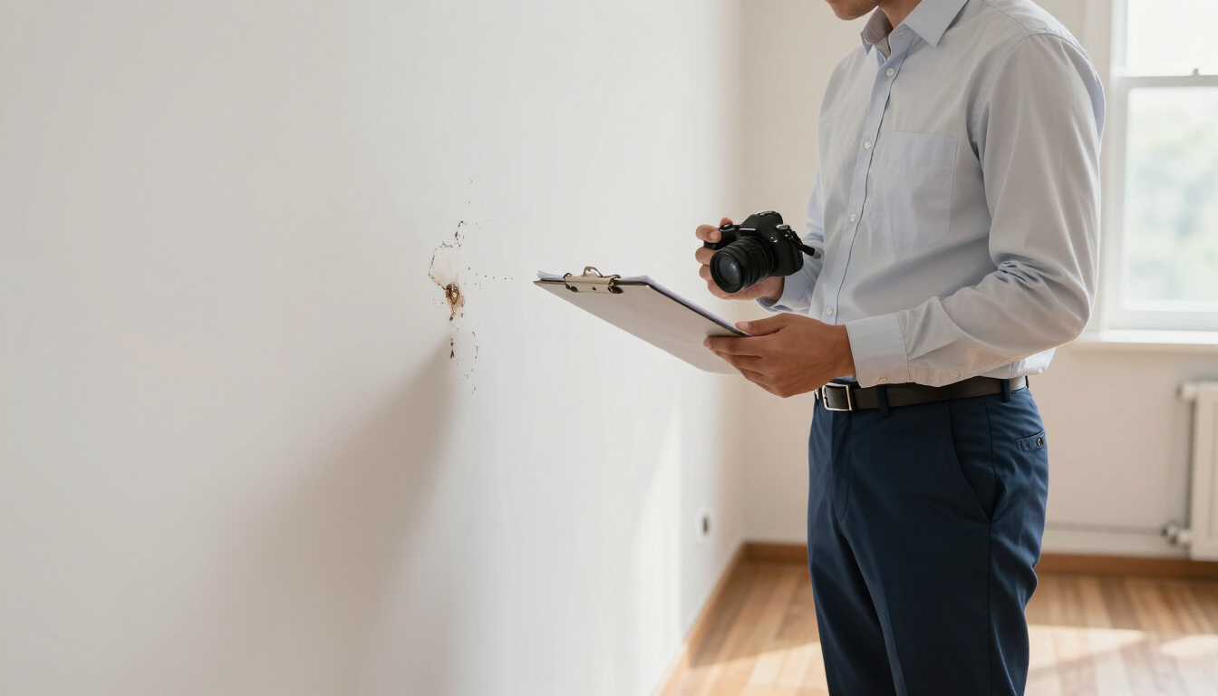 Water damage inspection beside a residential wall