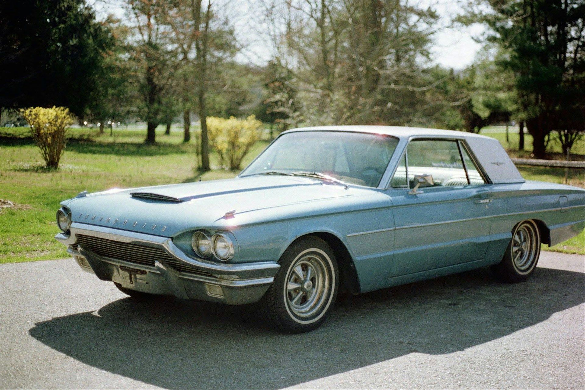 Light blue vintage car parked on a road beside a grassy, tree-lined area