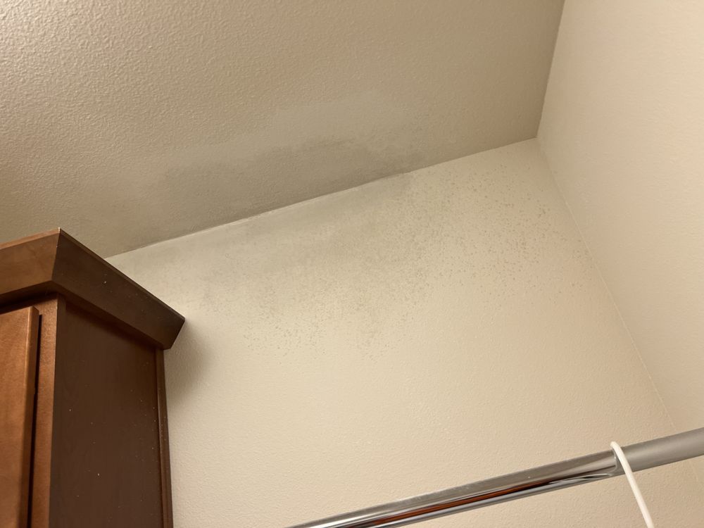 Corner of a room with beige walls, white ceiling, and a wooden cabinet edge on the left