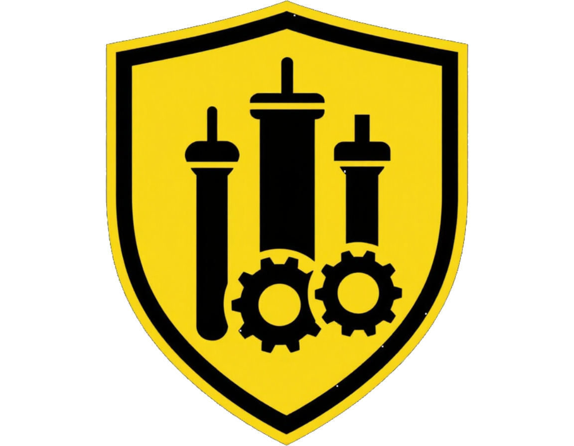 Emblema de escudo negro y amarillo con torres industriales y engranajes en el interior.