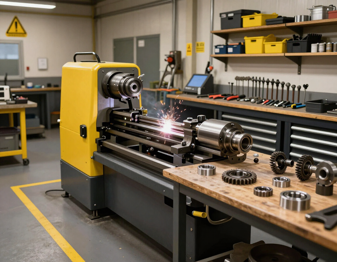 Torno de taller mecanizando piezas metálicas con chispas