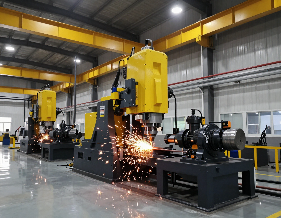 Máquinas industriales que muelen metal en una fábrica, lanzando chispas brillantes sobre un suelo pulido.