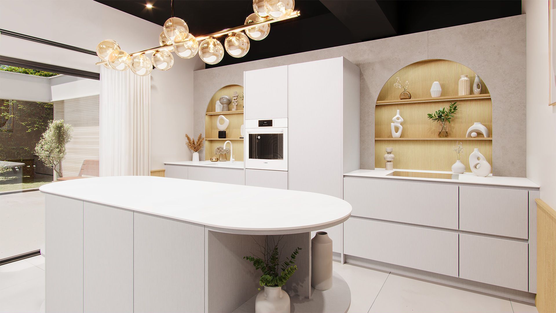 Cuisine moderne blanche avec îlot incurvé, accents dorés et appareils électroménagers intégrés