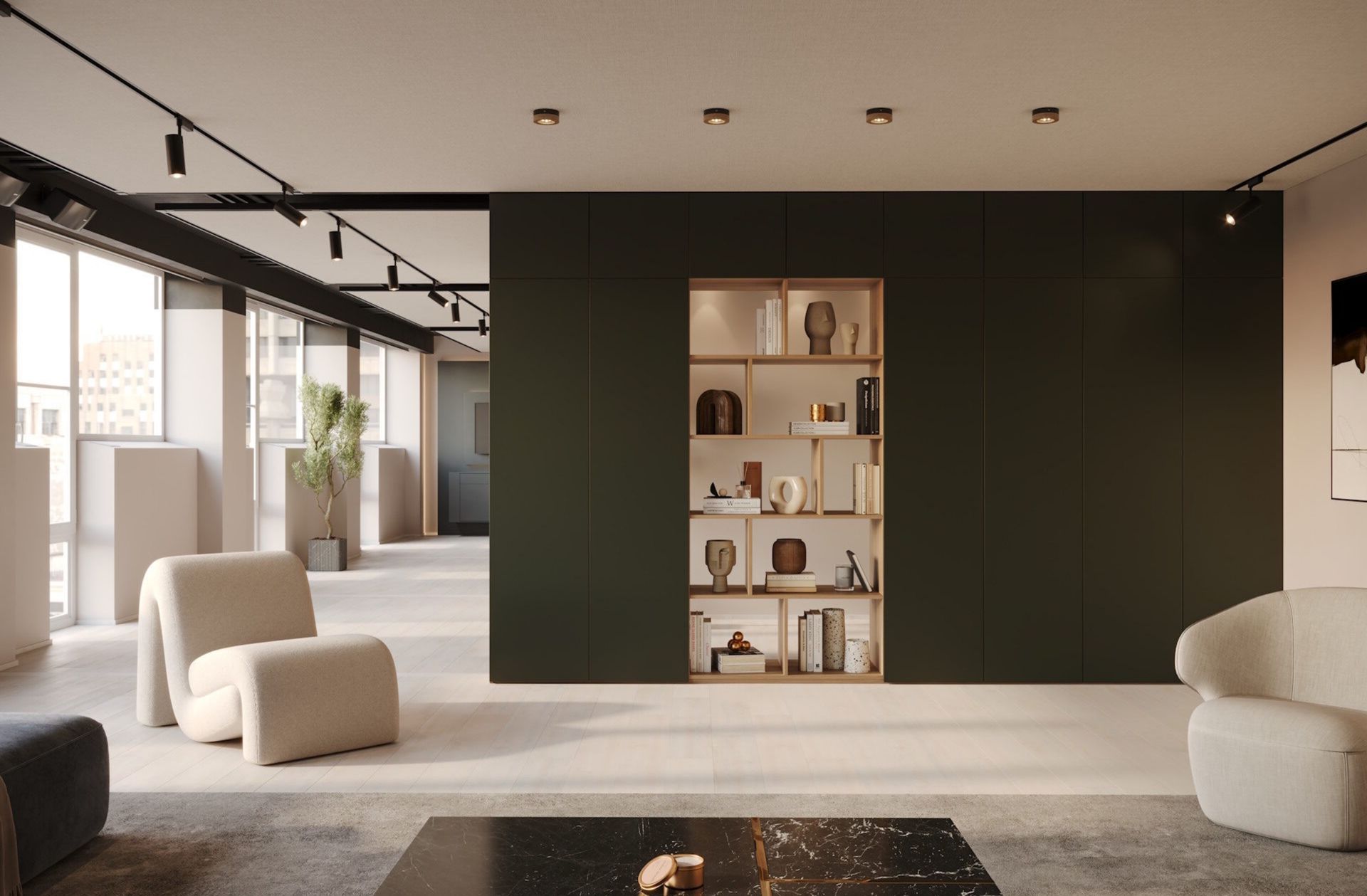 Salon moderne avec un mur d'accent foncé, des étagères intégrées et des chaises crème dans une douce lumière naturelle