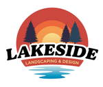 Lakeside Landscaping & Design logo with sunset, pine trees, and water reflection