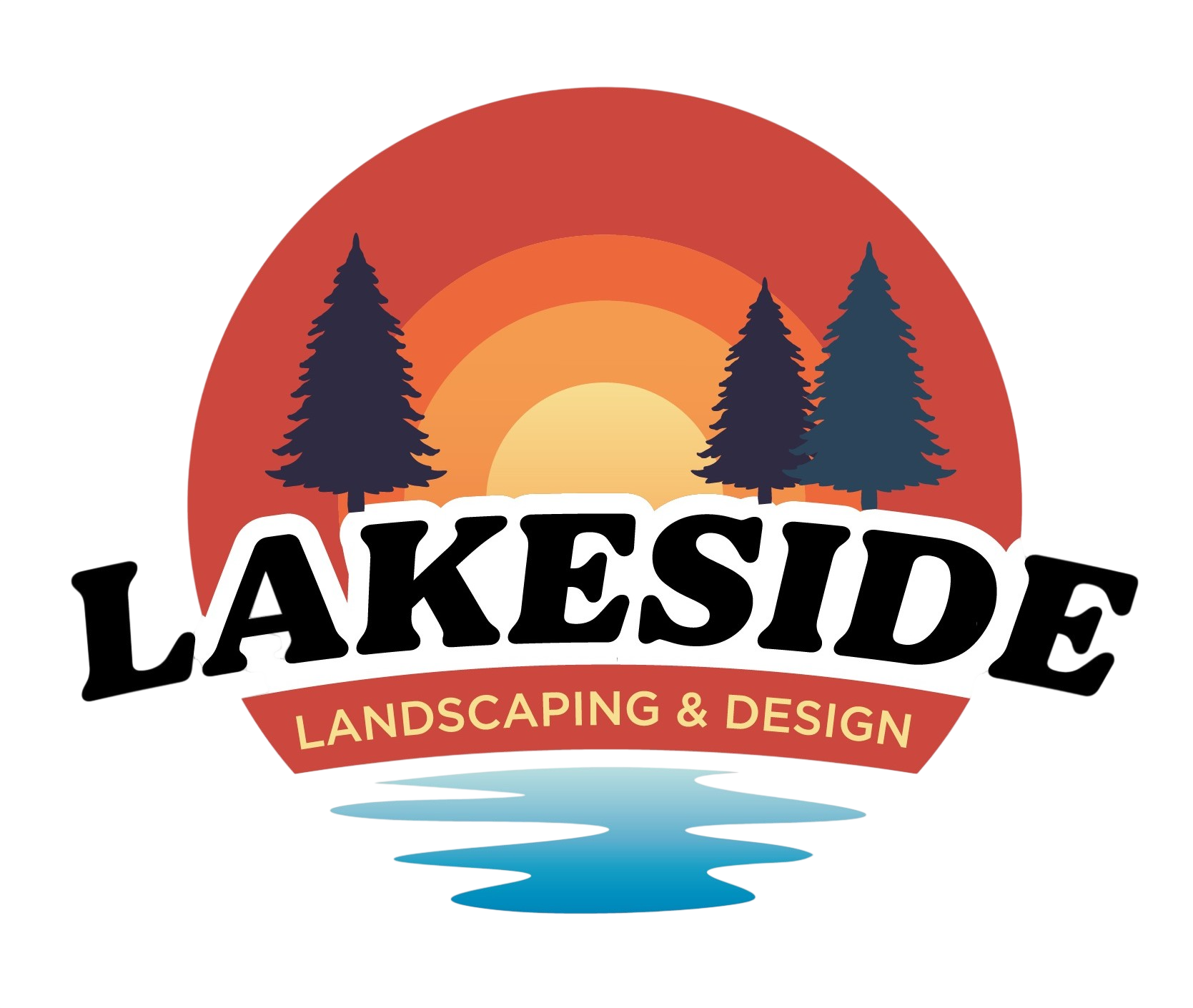 Lakeside Landscaping & Design logo with sunset, pine trees, and water reflection