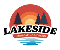 Lakeside Landscaping & Design logo with sunset, pine trees, and water reflection