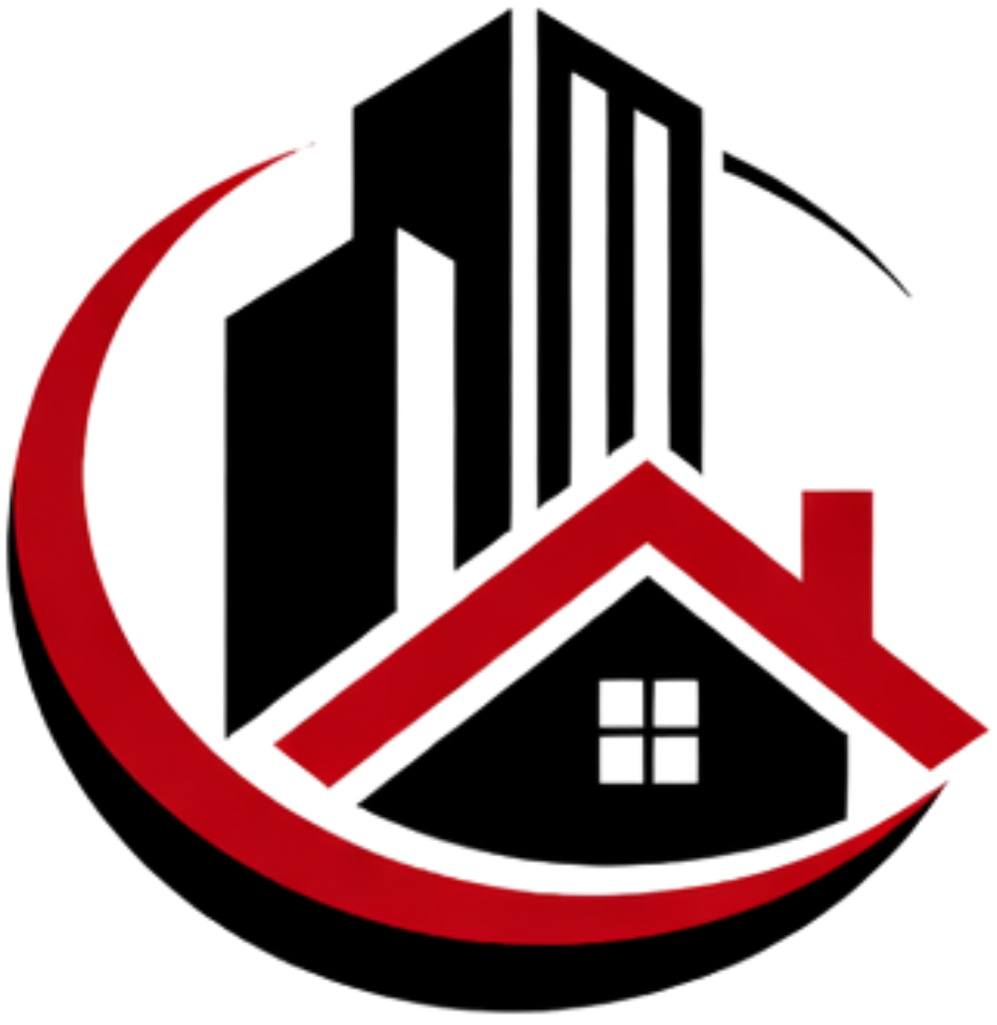 Real estate logo: Buildings and house in a red and black crescent.