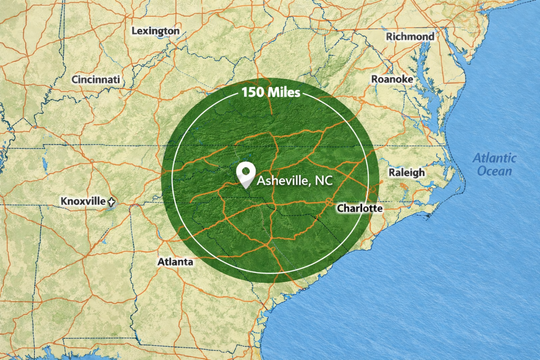 A map showing a green circle with a 200-mile radius centered on Asheville, North Carolina, covering surrounding states.