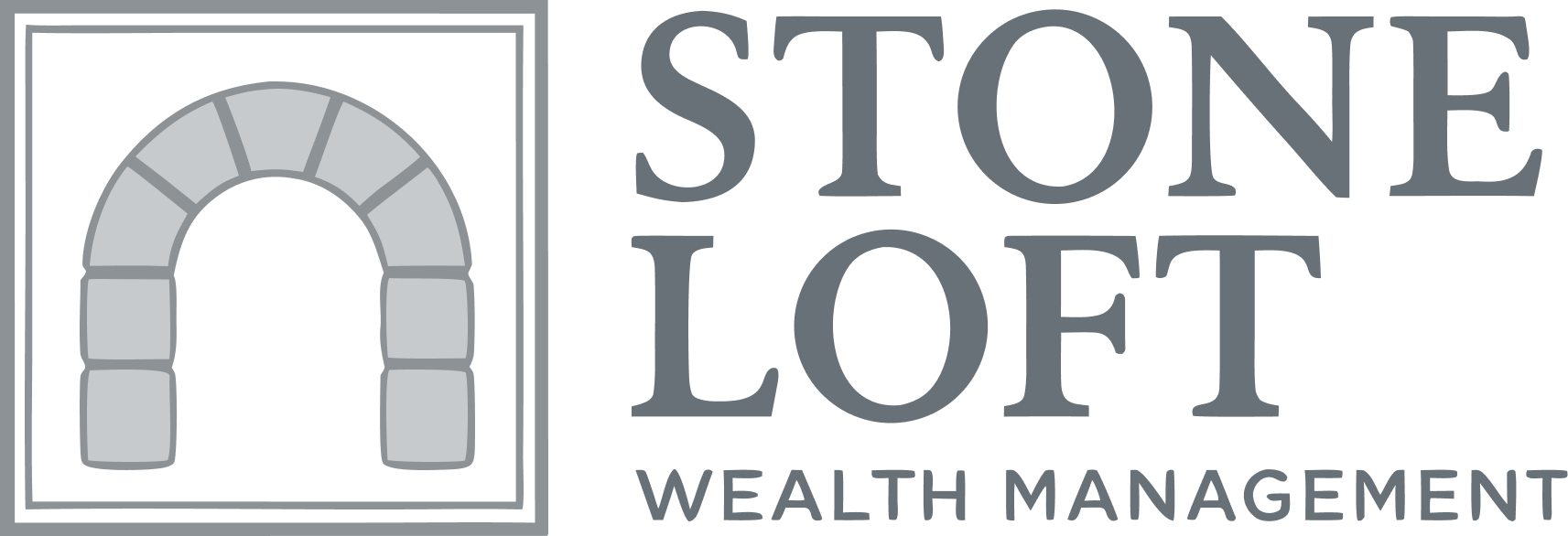 Stone Loft Wealth Management logo with gray stone arch icon and serif text on white background
