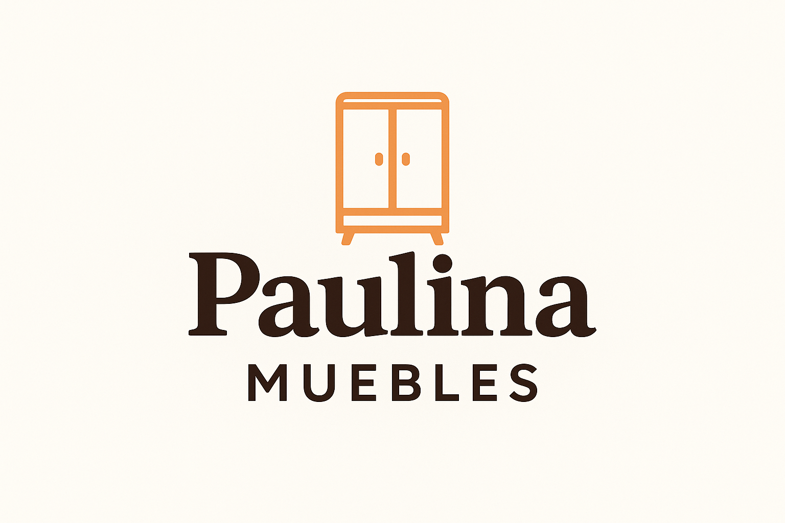 Logotipo para la tienda de muebles Paulina Muebles: un texto marrón con un ícono de armario en naranja encima.