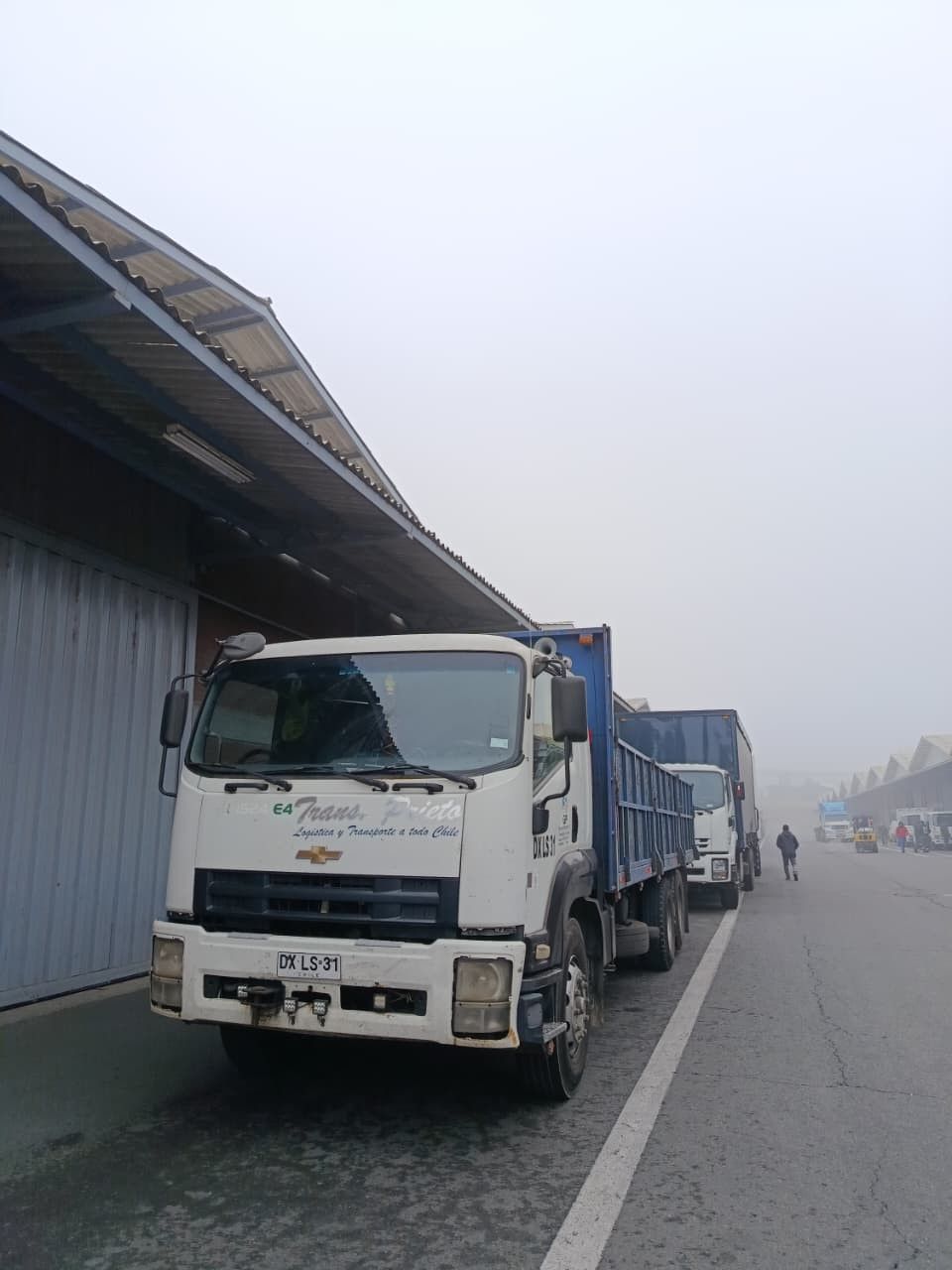 Camiones de carga blancos estacionados a lo largo de una carretera envuelta en niebla, junto a un almacén.