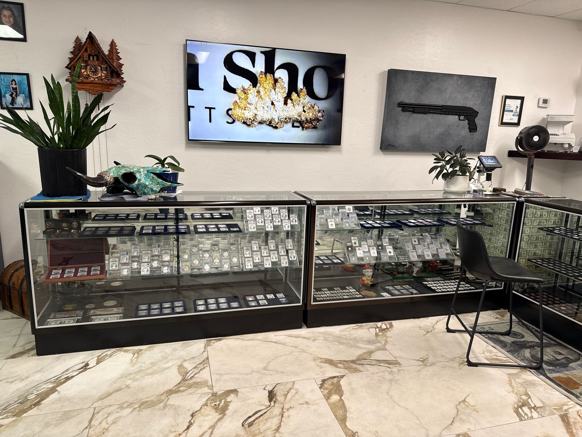 Rare coin display case at Scottsdale Coin Shop near Gilbert, AZ