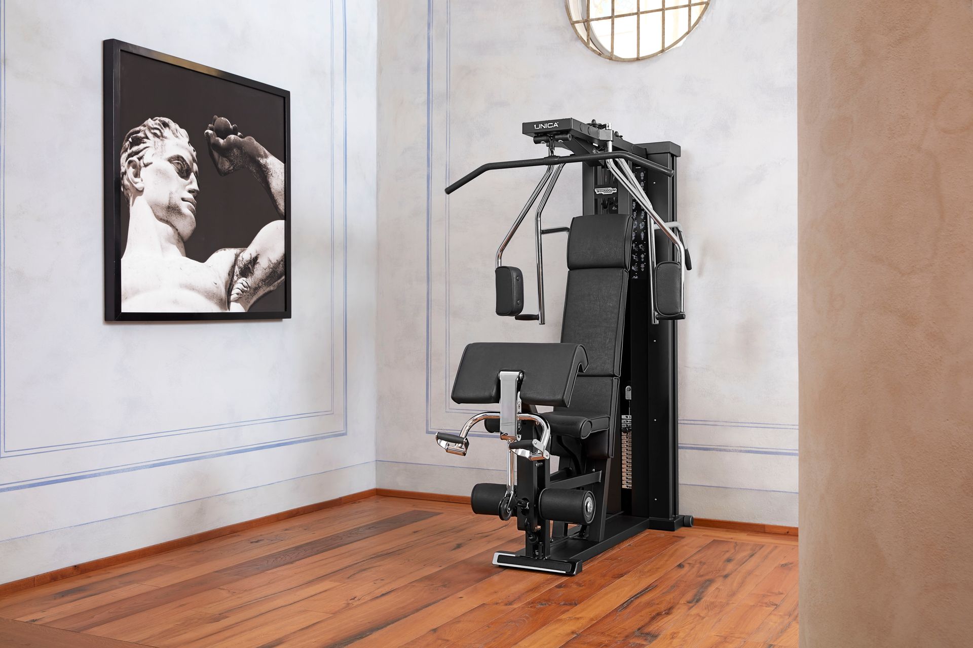 A black home gym station stands on a wooden floor in a room featuring a large framed statue art piece on the wall.