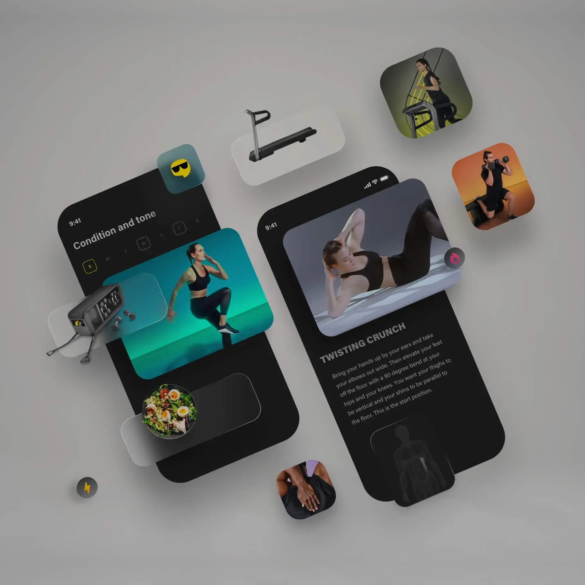 Two mobile phone screens displaying fitness app interfaces with exercise visuals, floating icons, and descriptive text.