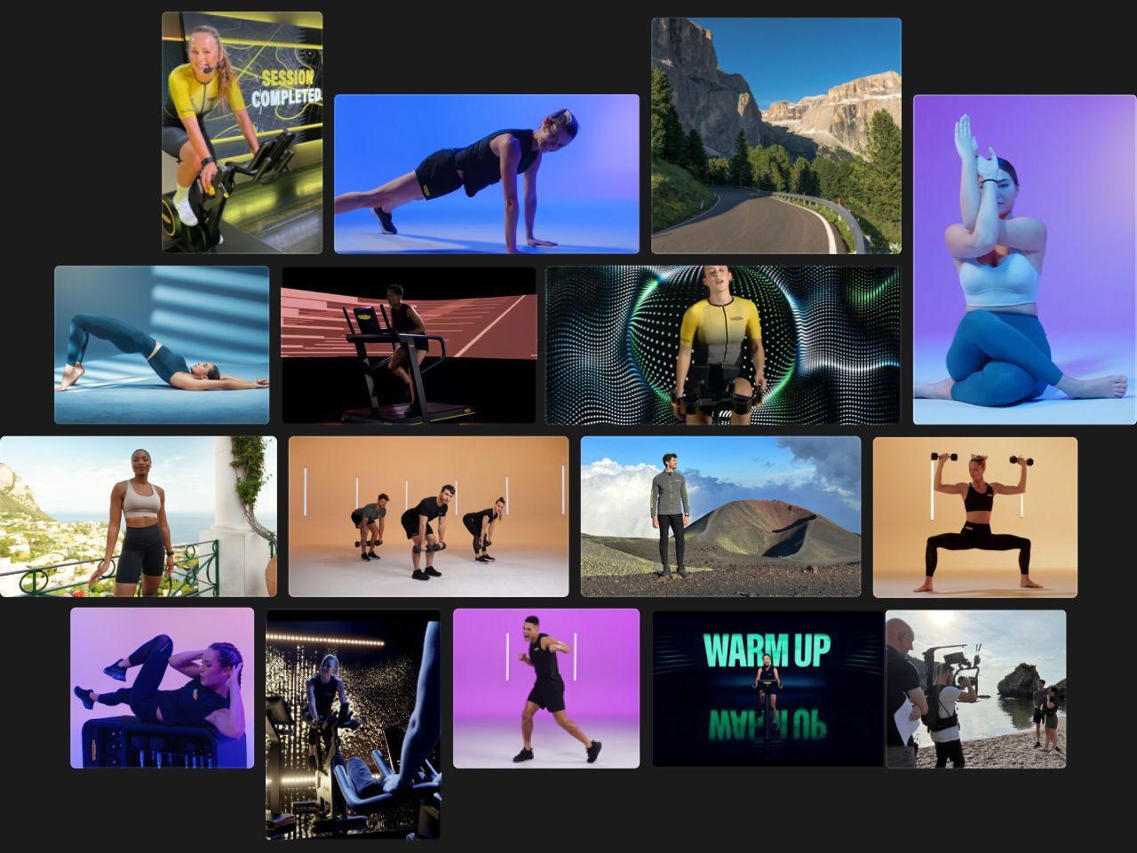 A collage of 16 workout and wellness video clips, featuring exercises, cycling, yoga, and scenic outdoor landscapes.