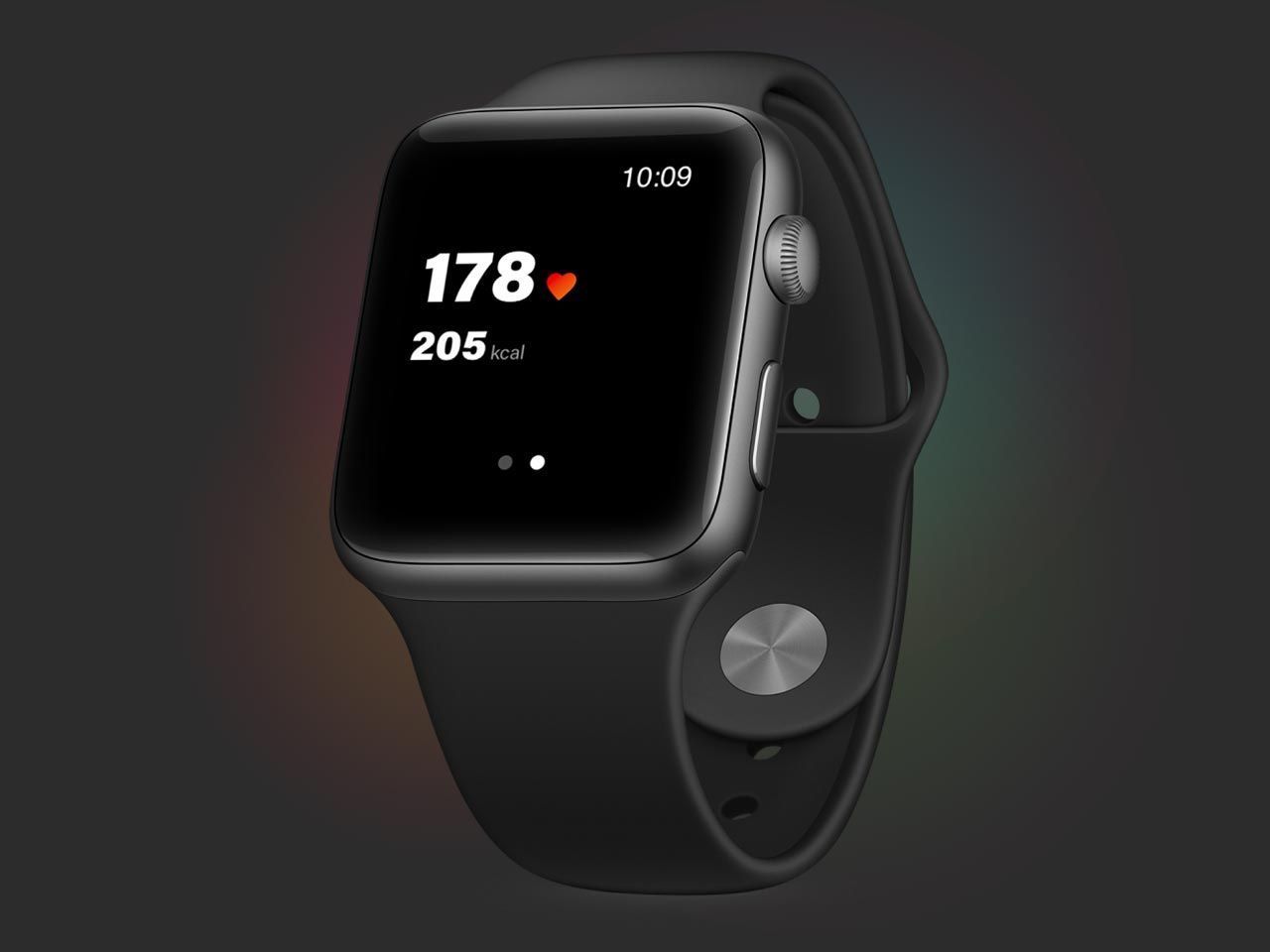 A black smartwatch displaying a heart rate of 178 beats per minute and 205 calories burned against a dark gray background.