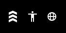 Three white icons on a black background: a three-chevron arrow, a stick figure with arms out, and a globe.