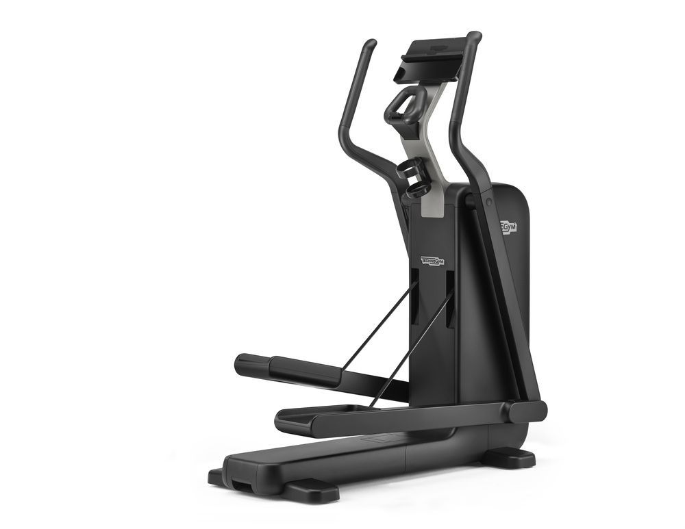 A modern, black Technogym elliptical cross-trainer against a white background.