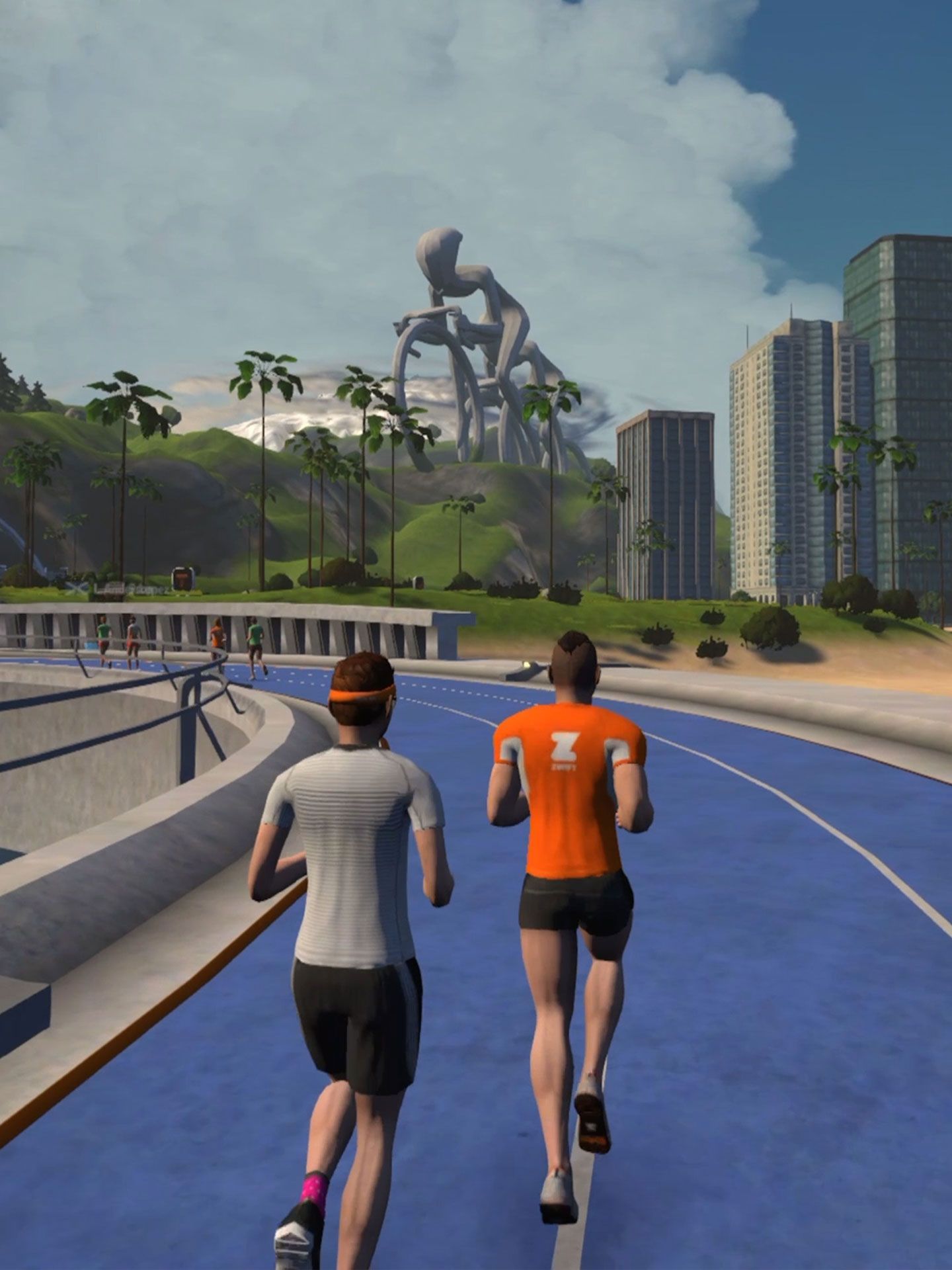 Two people jogging on a blue track outdoors, with high-rise buildings and a large abstract sculpture in the background.