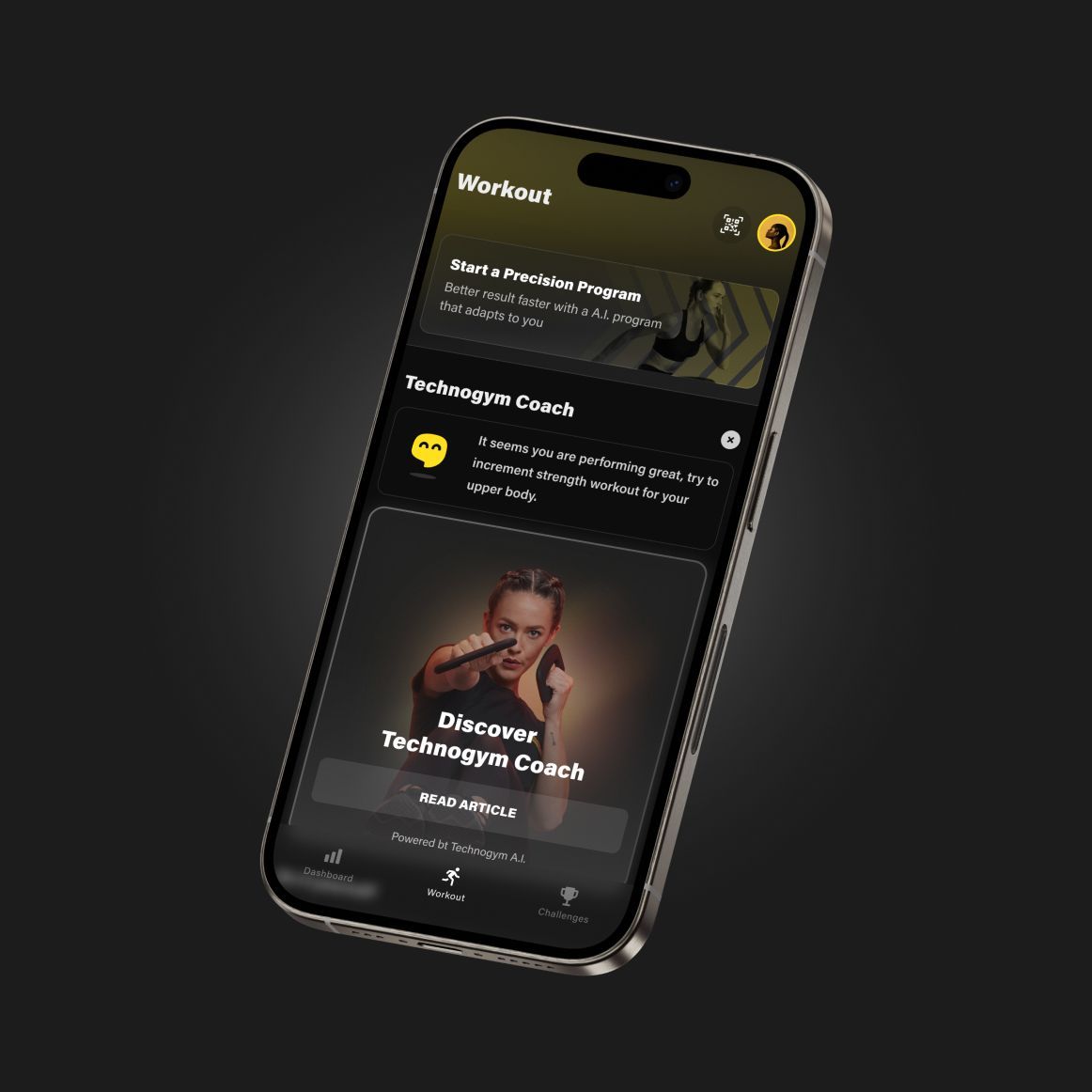 A smartphone displays a dark-themed fitness app interface, featuring a workout program and a technique coach module.