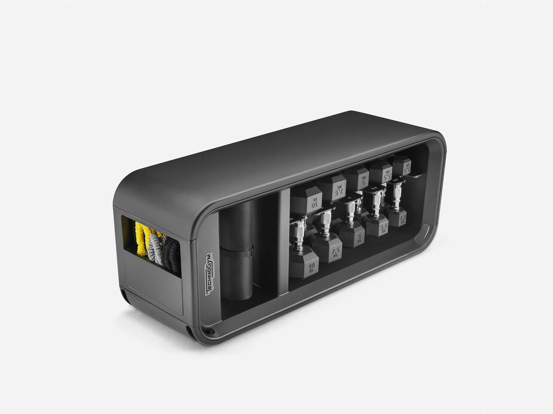A black, rectangular fitness equipment storage rack with dumbbell weights arranged on shelves and a side cable compartment.