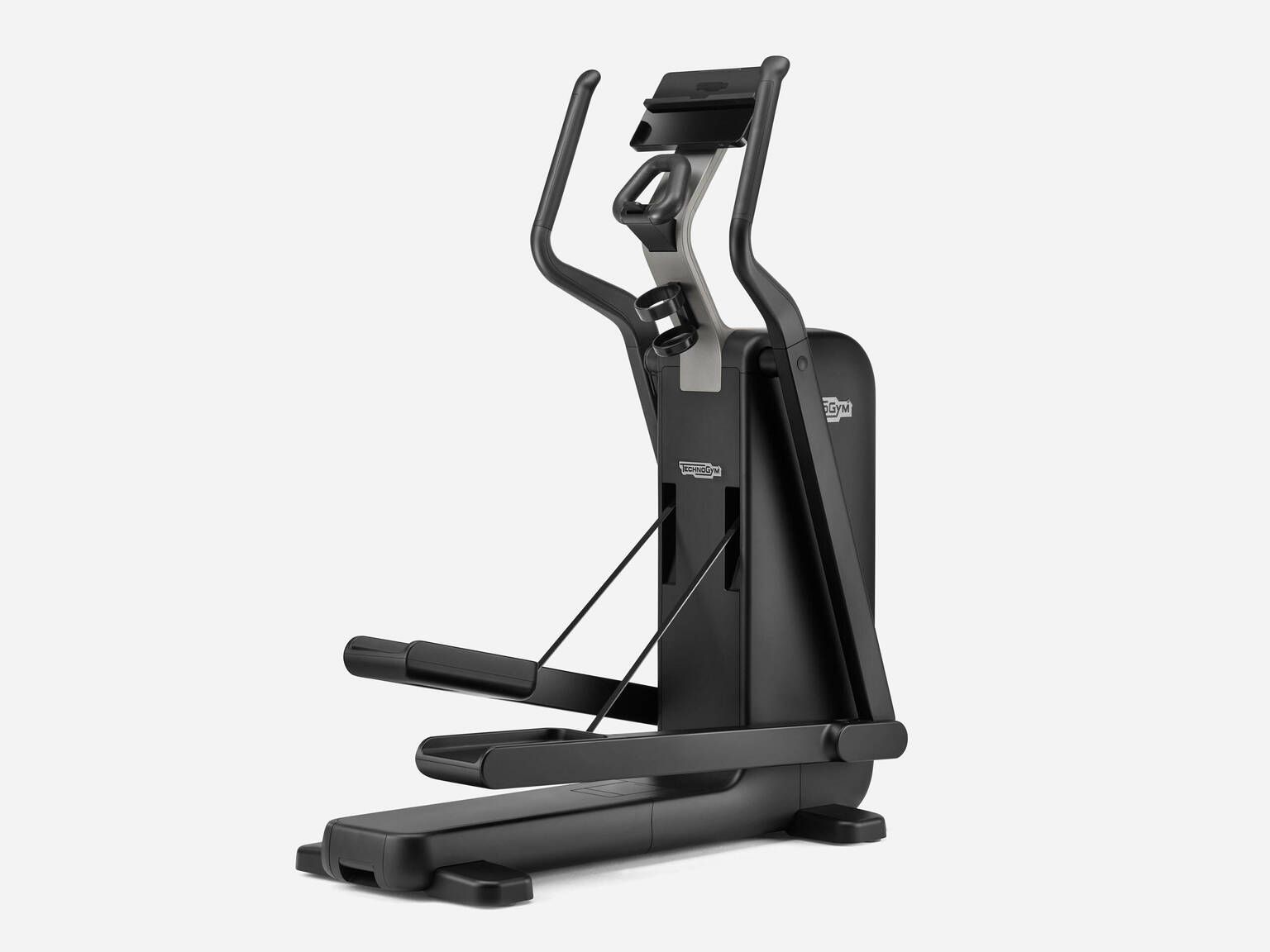 A black elliptical trainer machine set against a plain, light background.