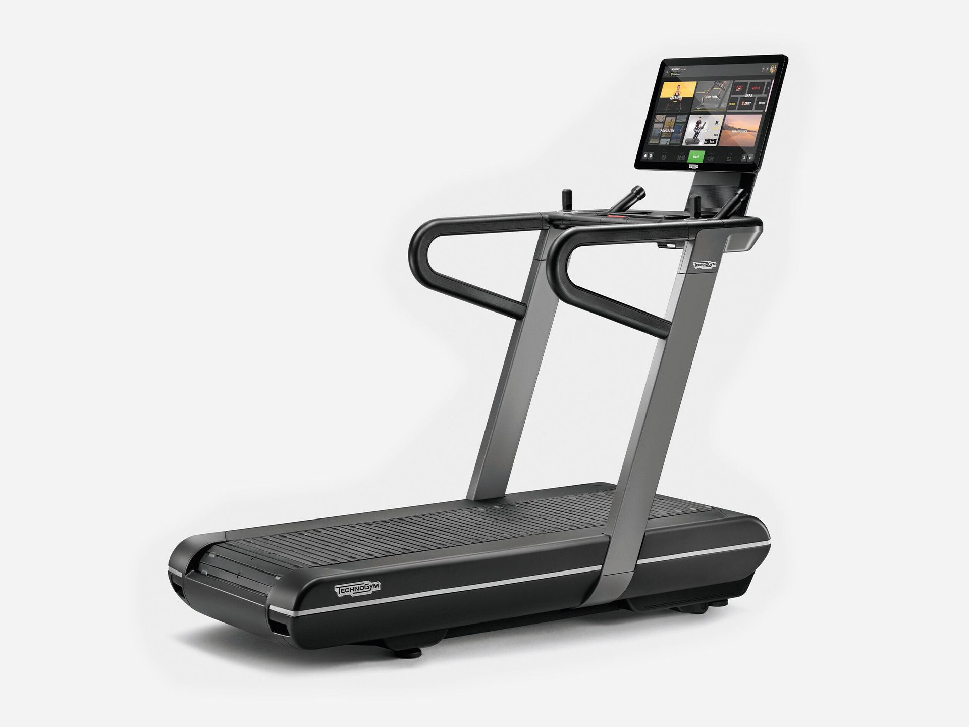 A dark gray, sleek, motorized treadmill with a built-in touchscreen console and side support handles.