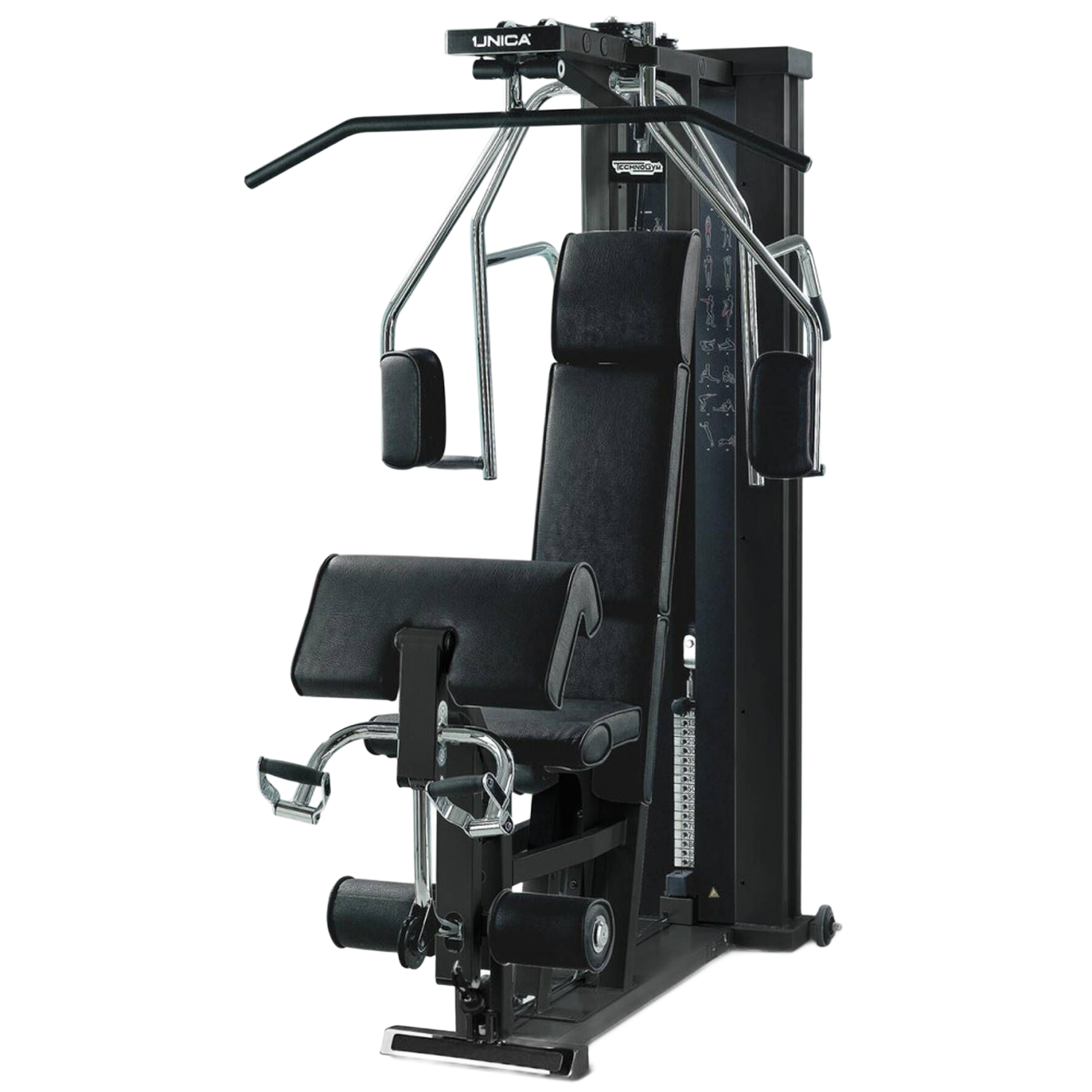 A black Technogym Unica multi-gym strength training machine on a plain white background.