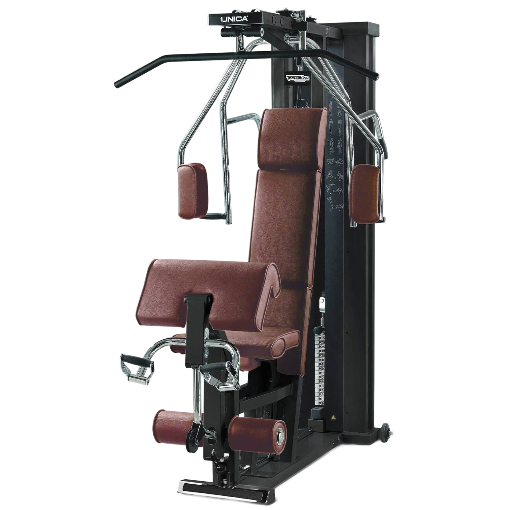 A Technogym Unica multi-gym machine with brown upholstery and a black frame on a white background.
