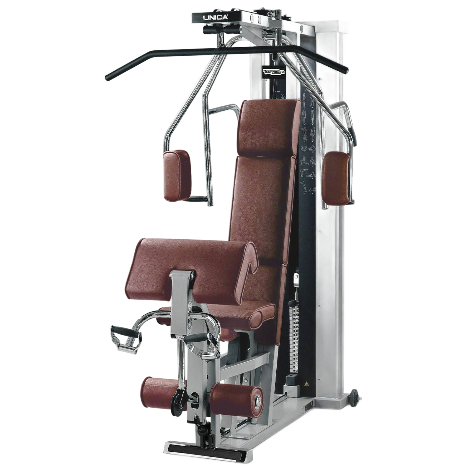 A multi-gym fitness machine with a brown padded seat, backrest, leg extension attachment, and a silver metal frame.
