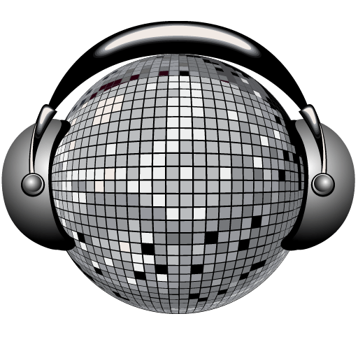 A disco ball is surrounded by headphones on a white background.