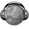 A disco ball is surrounded by headphones on a white background.