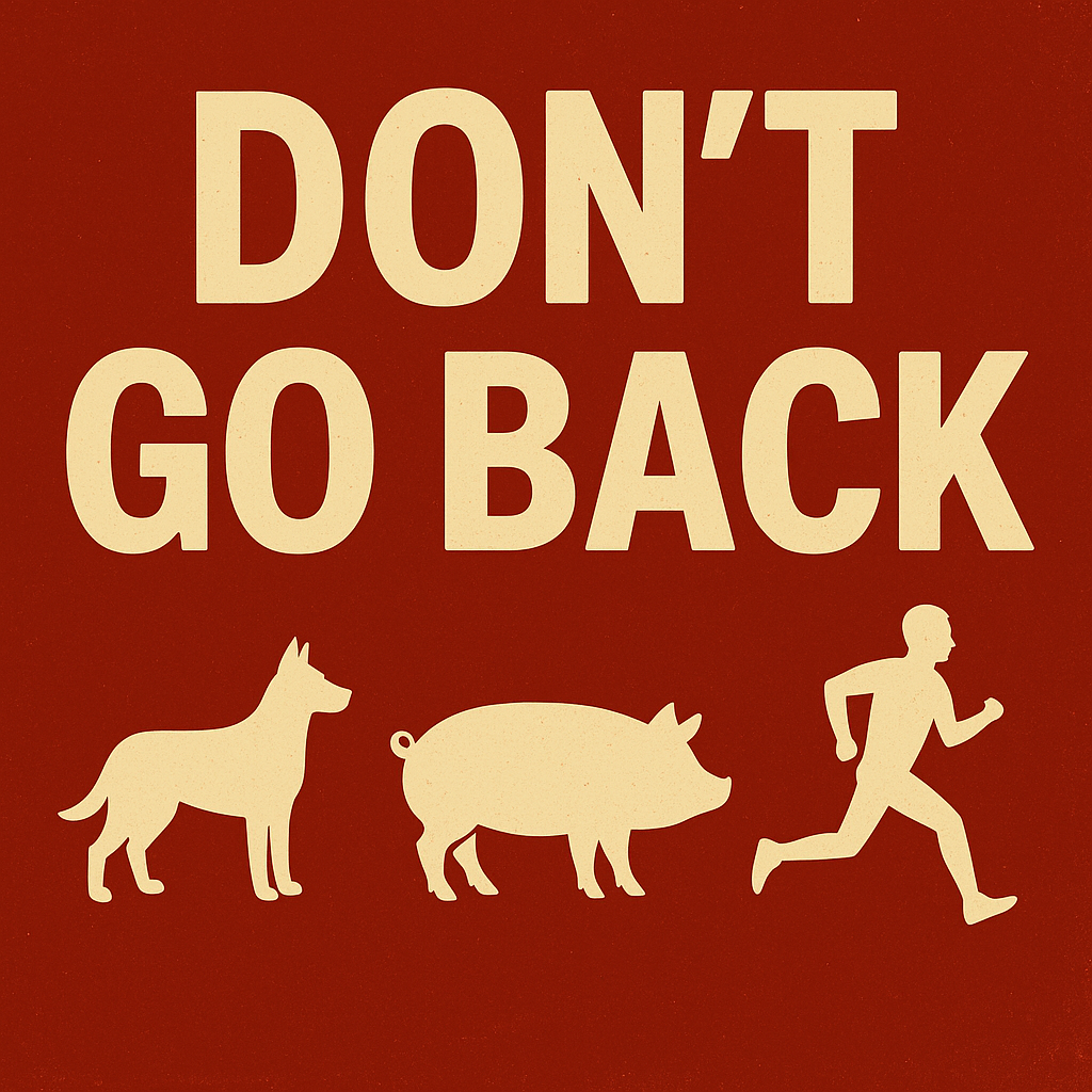 High-contrast sermon thumbnail featuring bold text βDonβt Go Backβ with icons of a dog, pig, and run