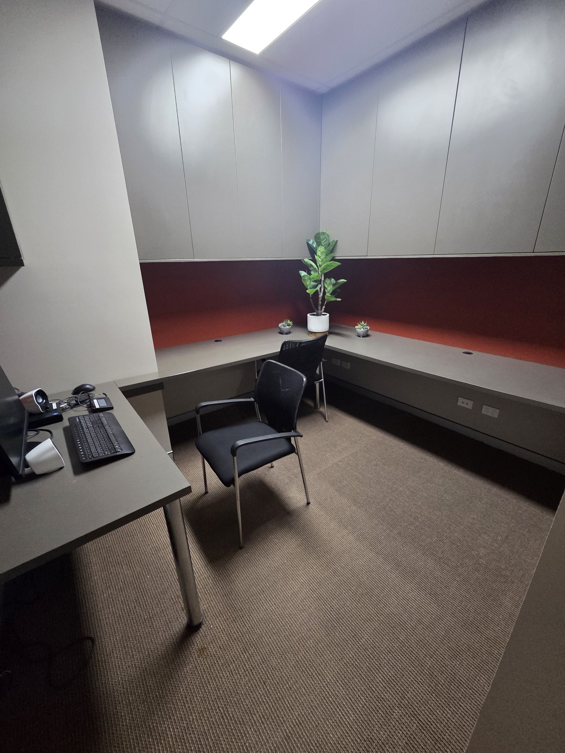 Modern office room with two black chairs, a desk, red and gray walls, and a potted plant — KirraLina Cleaning Services in Tweed Heads, NSW