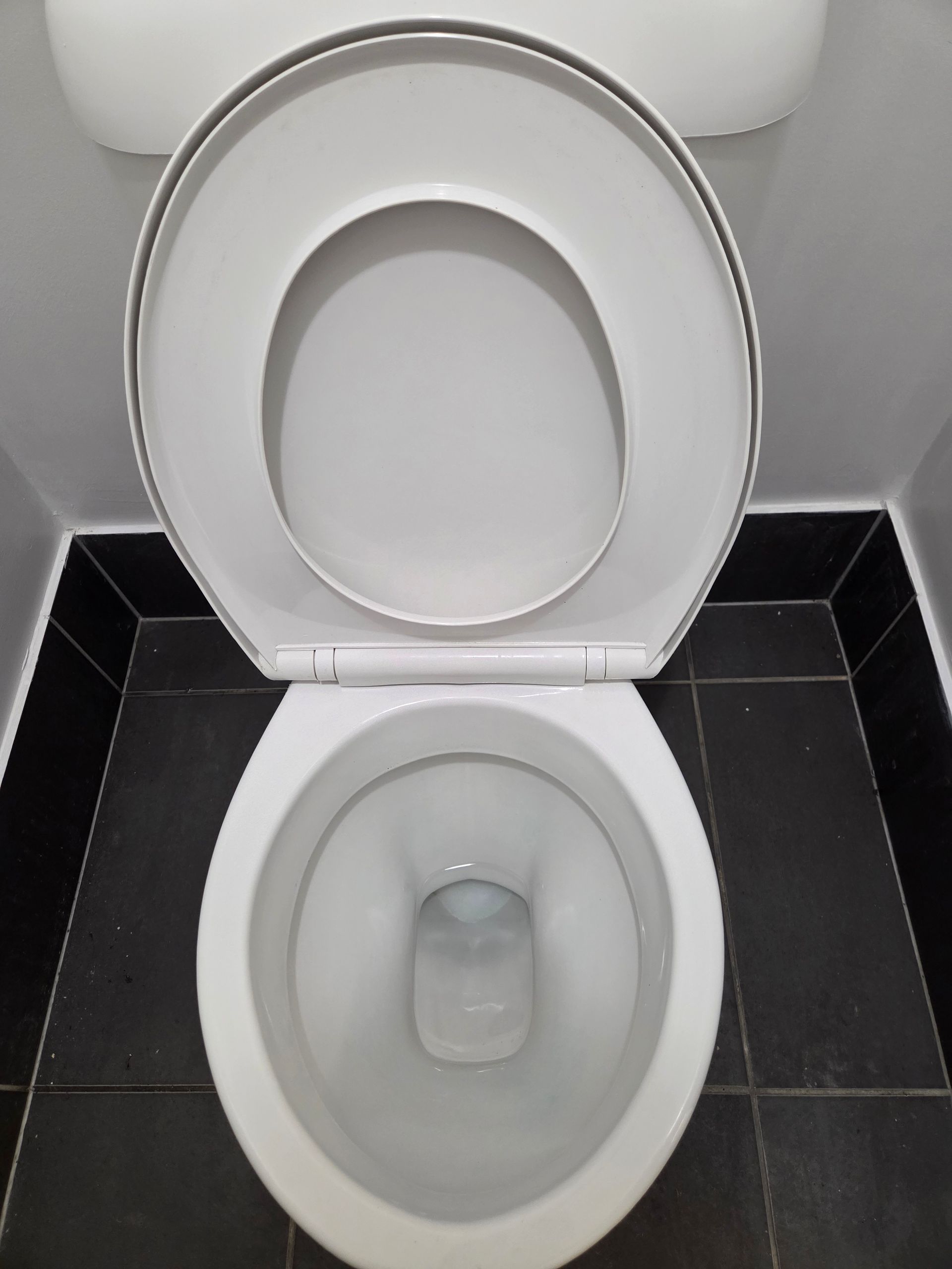 Open Toilet with White Seat in A Small Black And White Tiled Bathroom — KirraLina Cleaning Services in Tweed Heads, NSW