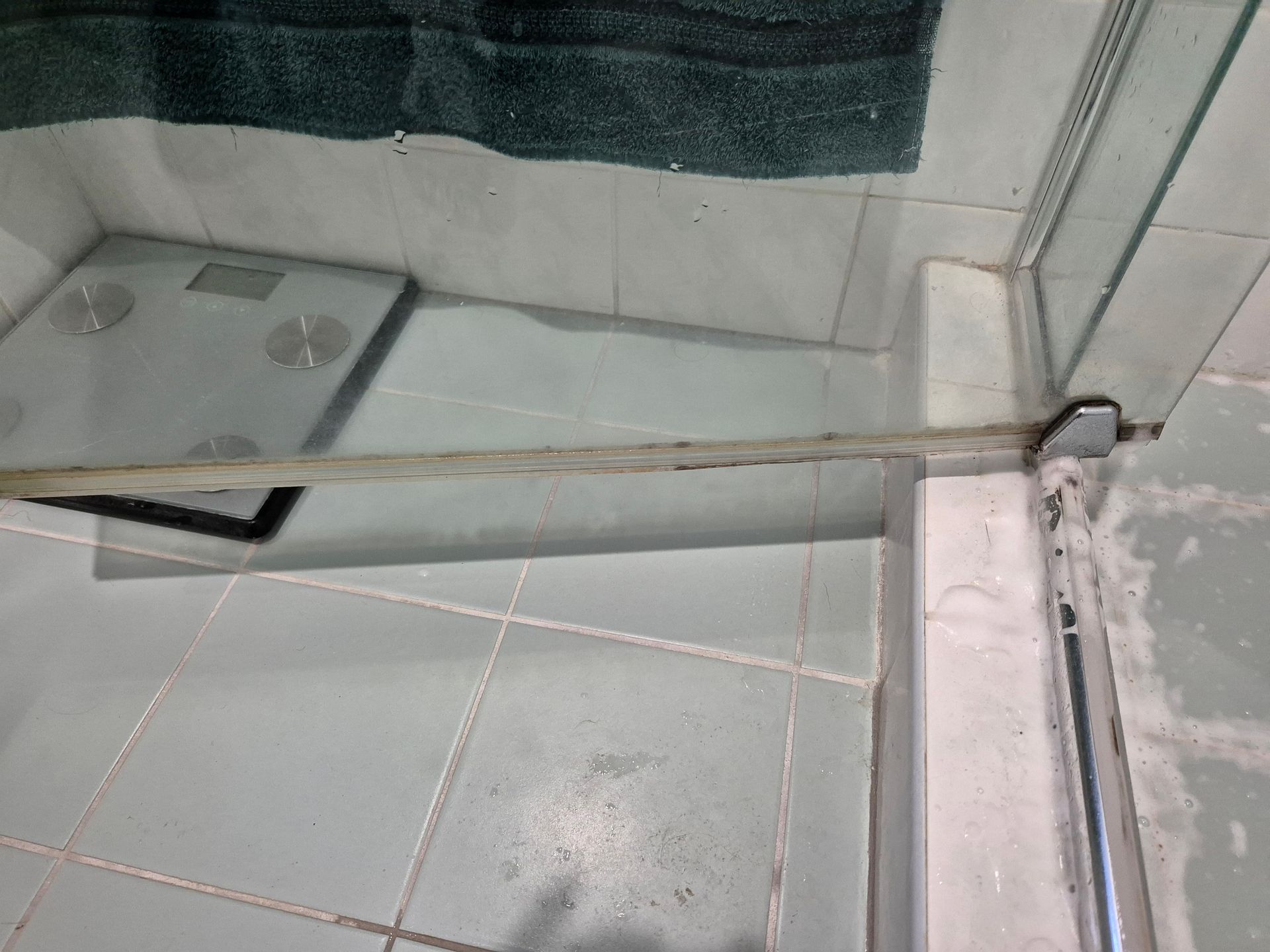 Before: Shower Door With Dark Mold, on Blue-tiled Floor — KirraLina Cleaning Services in Palm Beach, NSW