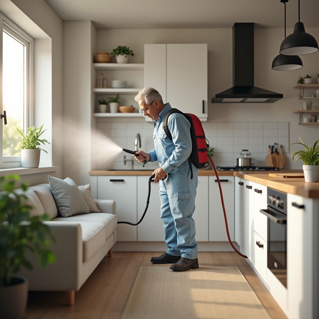 Person in a blue jumpsuit sprays insecticide in a kitchen, using a backpack sprayer, near a couch.