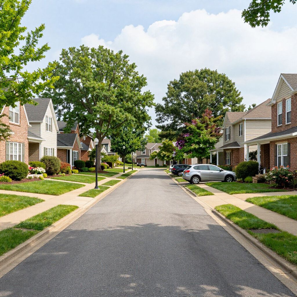 Street lined with houses, cars parked along the curb, and trees with green leaves in a neighborhood.