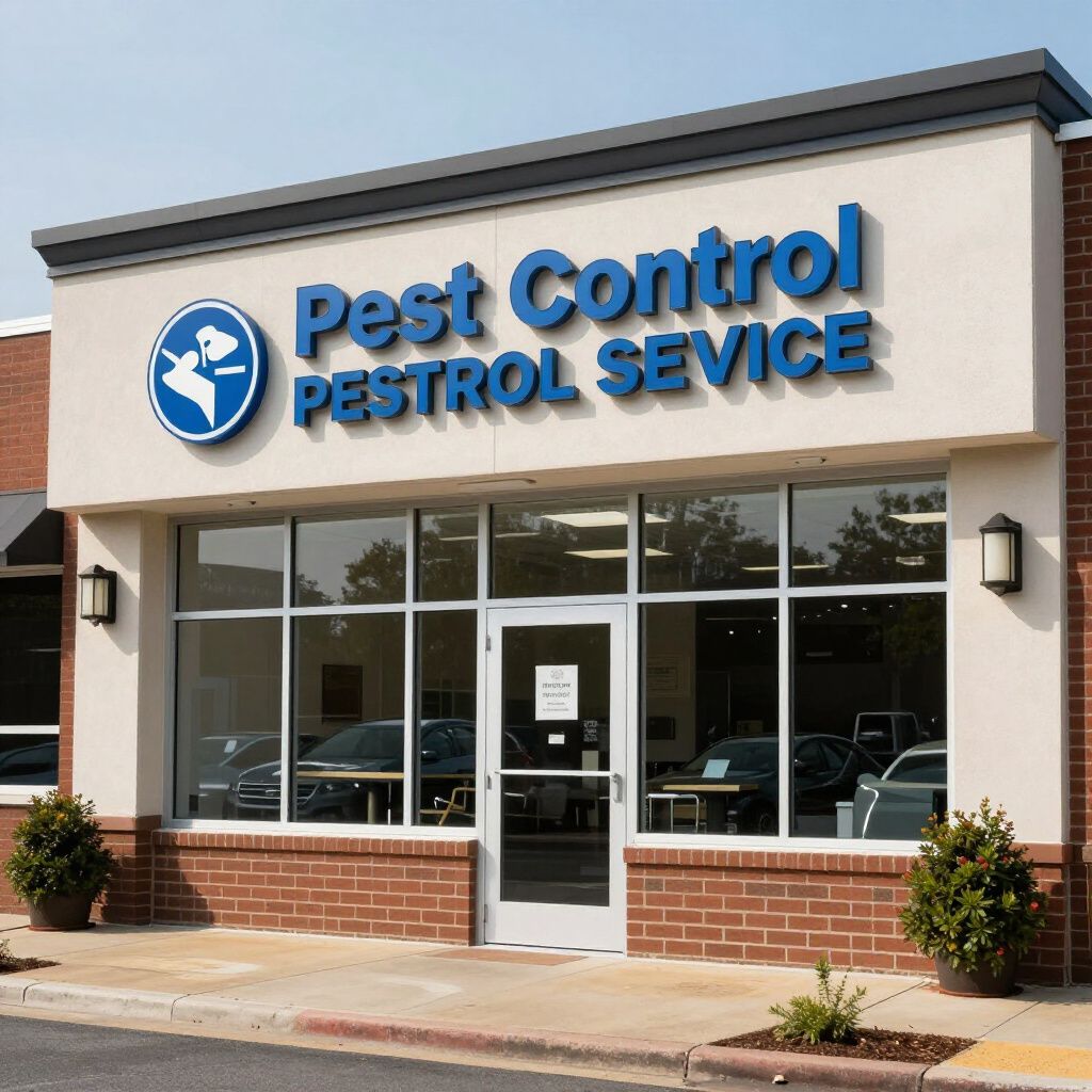 Exterior of a pest control office building. Blue and white sign, brick facade, windows, and potted plants.