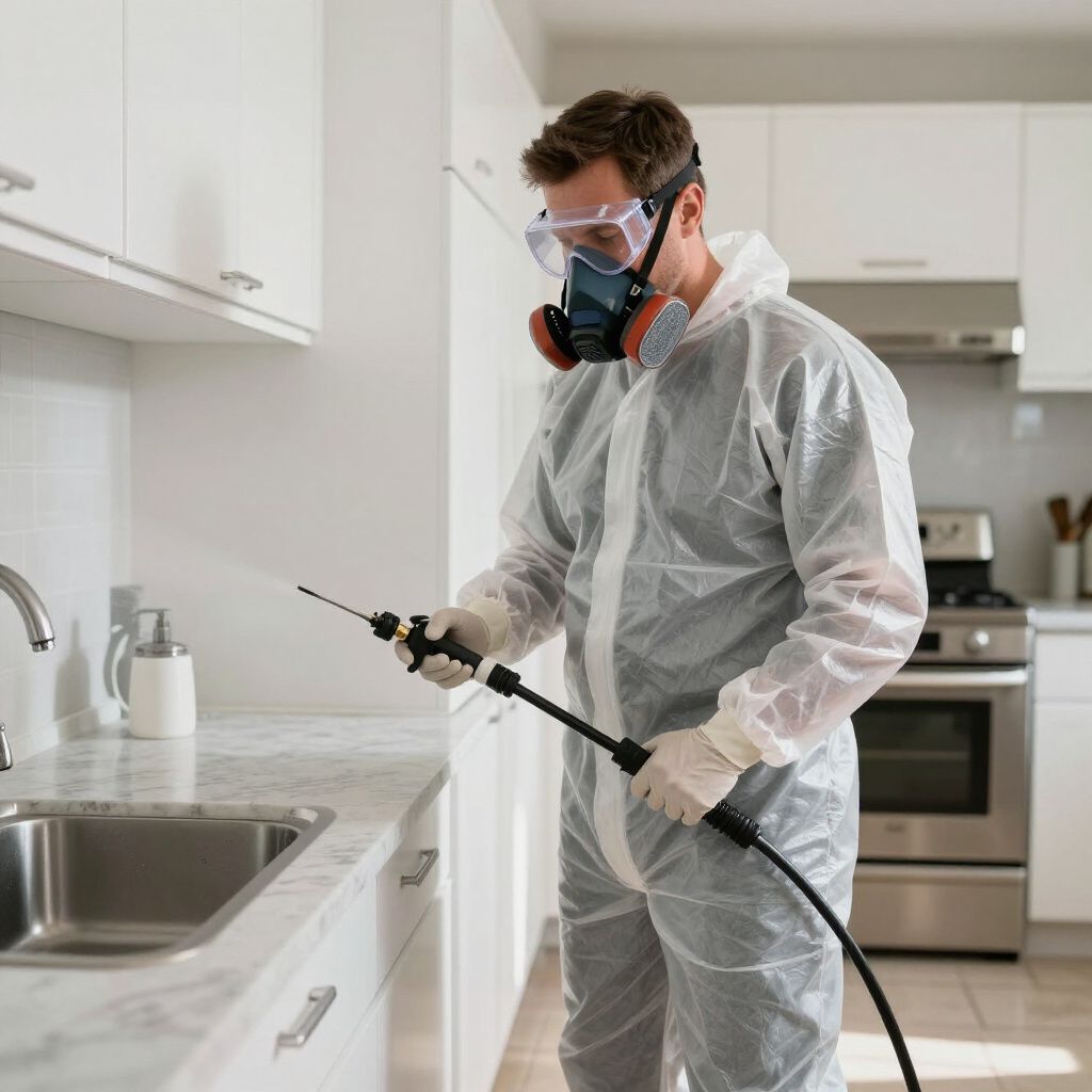 Pest control worker sprays a kitchen with a chemical, wearing protective gear including a respirator and coveralls.